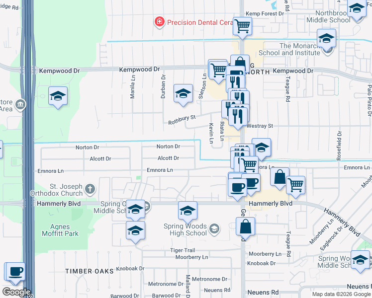 map of restaurants, bars, coffee shops, grocery stores, and more near 10414 Norton Drive in Houston