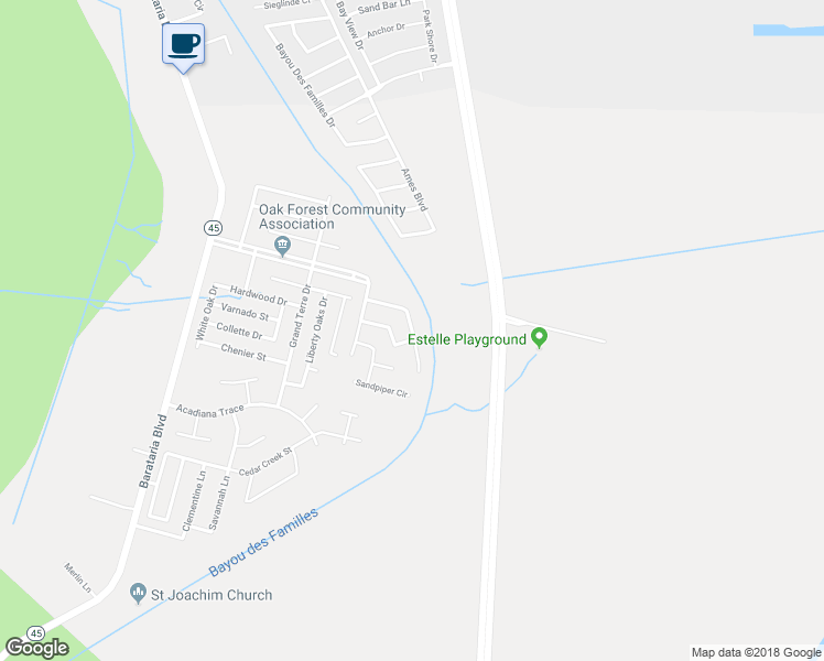map of restaurants, bars, coffee shops, grocery stores, and more near 4544 Mill Grove Lane in Marrero