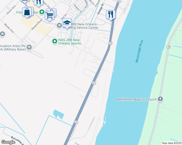 map of restaurants, bars, coffee shops, grocery stores, and more near 118 Langridge Drive in Belle Chasse
