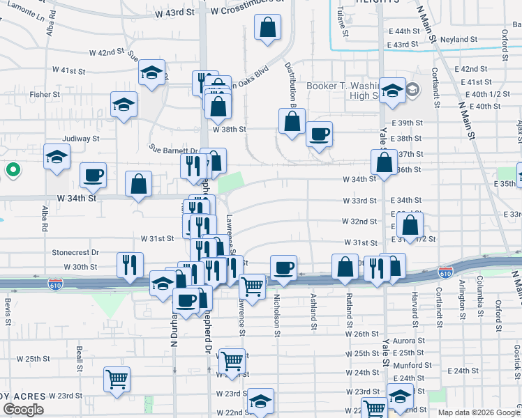 map of restaurants, bars, coffee shops, grocery stores, and more near 520 West 33rd Street in Houston