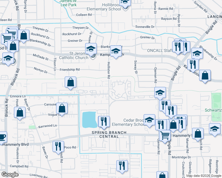 map of restaurants, bars, coffee shops, grocery stores, and more near Kolbe Bend Lane in Houston