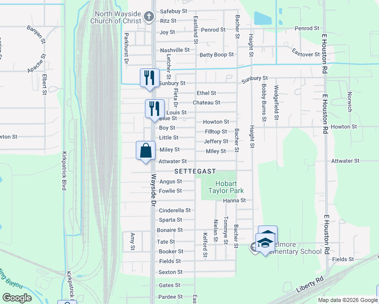 map of restaurants, bars, coffee shops, grocery stores, and more near 7970 Miley Street in Houston