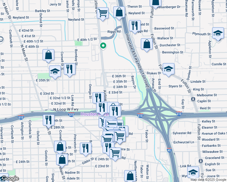 map of restaurants, bars, coffee shops, grocery stores, and more near 1315 East 33rd Street in Houston