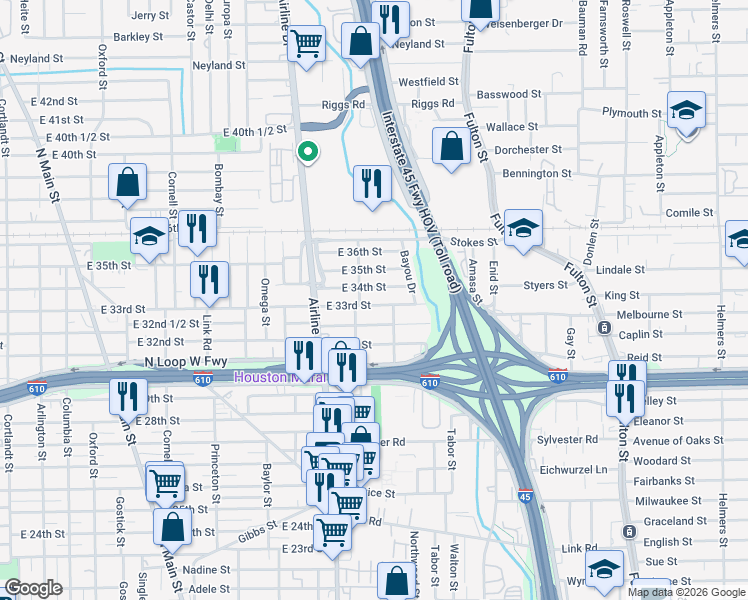 map of restaurants, bars, coffee shops, grocery stores, and more near 1410 East 34th Street in Houston