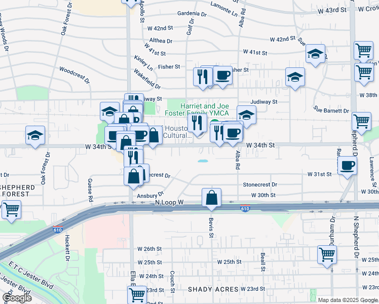 map of restaurants, bars, coffee shops, grocery stores, and more near 1329 West 34th Street in Houston
