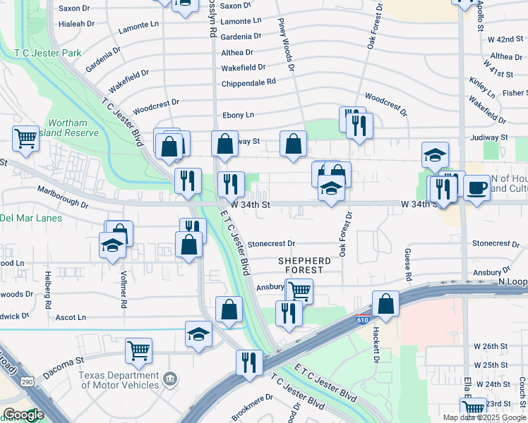 map of restaurants, bars, coffee shops, grocery stores, and more near 2223 West 34th Street in Houston