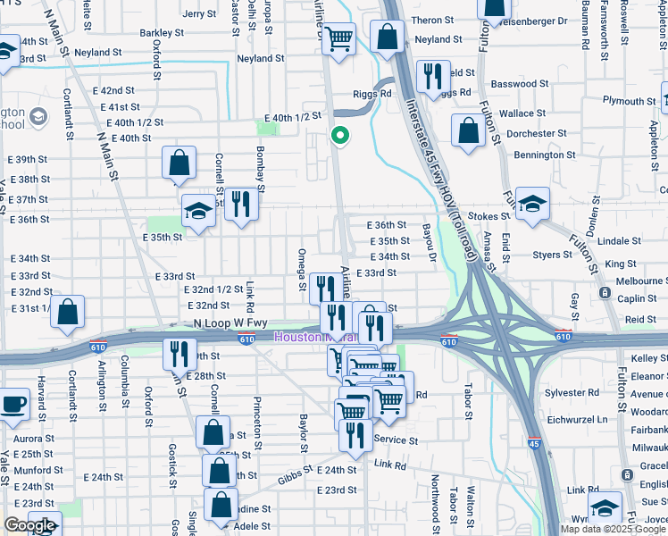 map of restaurants, bars, coffee shops, grocery stores, and more near 1229 East 33rd Street in Houston