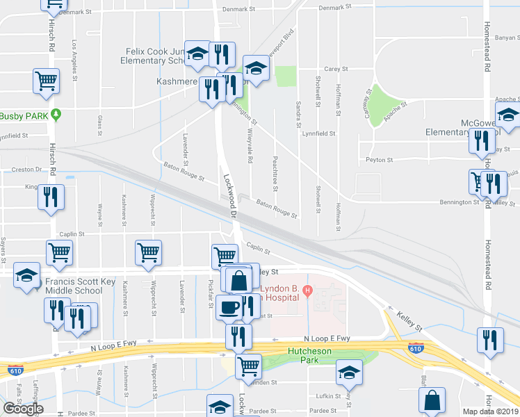 map of restaurants, bars, coffee shops, grocery stores, and more near 5108 Baton Rouge Street in Houston