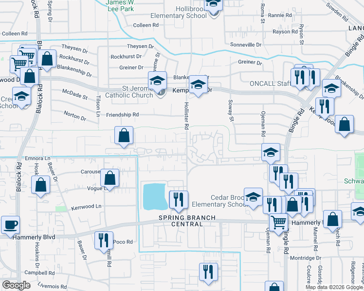 map of restaurants, bars, coffee shops, grocery stores, and more near 2427 Hollister Road in Houston