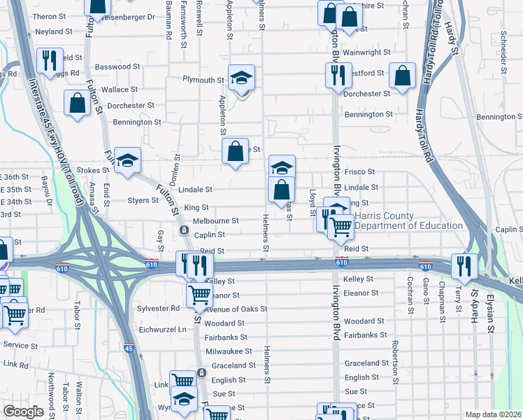 map of restaurants, bars, coffee shops, grocery stores, and more near 6417 Helmers Street in Houston