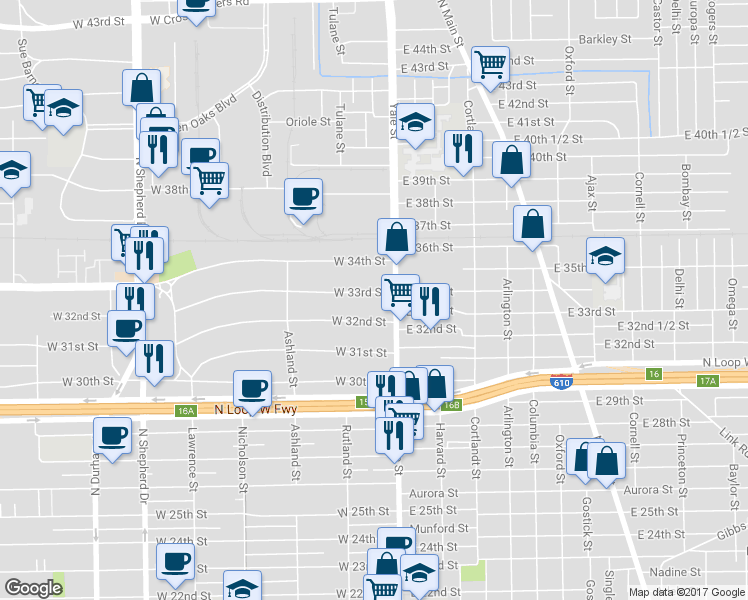 map of restaurants, bars, coffee shops, grocery stores, and more near 215 West 33rd Street in Houston