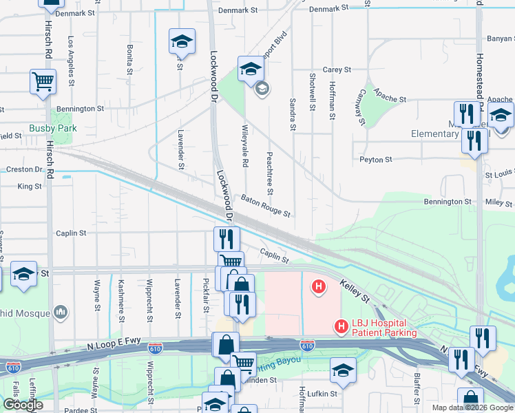 map of restaurants, bars, coffee shops, grocery stores, and more near 5108 Baton Rouge Street in Houston