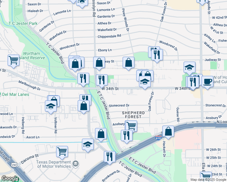 map of restaurants, bars, coffee shops, grocery stores, and more near 2223 West 34th Street in Houston