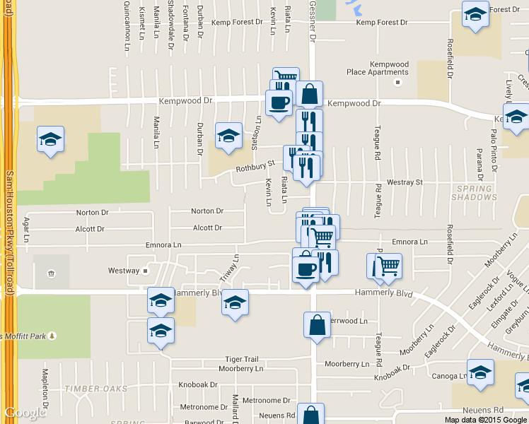 map of restaurants, bars, coffee shops, grocery stores, and more near 2519 Kevin Lane in Houston