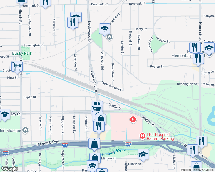 map of restaurants, bars, coffee shops, grocery stores, and more near 5108 Baton Rouge Street in Houston