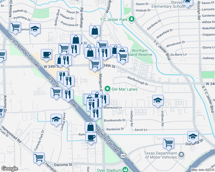 map of restaurants, bars, coffee shops, grocery stores, and more near 3130 Mangum Road in Houston