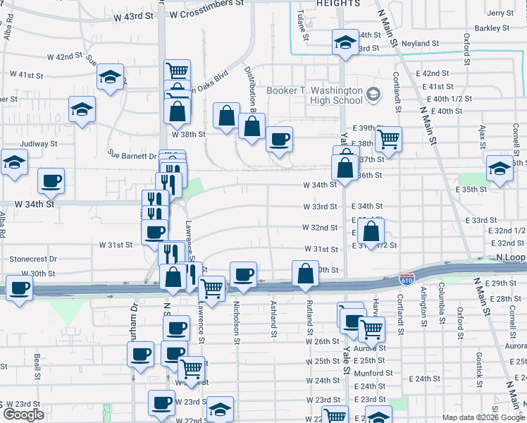 map of restaurants, bars, coffee shops, grocery stores, and more near 403 West 33rd Street in Houston