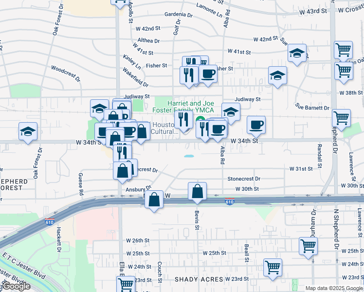 map of restaurants, bars, coffee shops, grocery stores, and more near 1329 West 34th Street in Houston