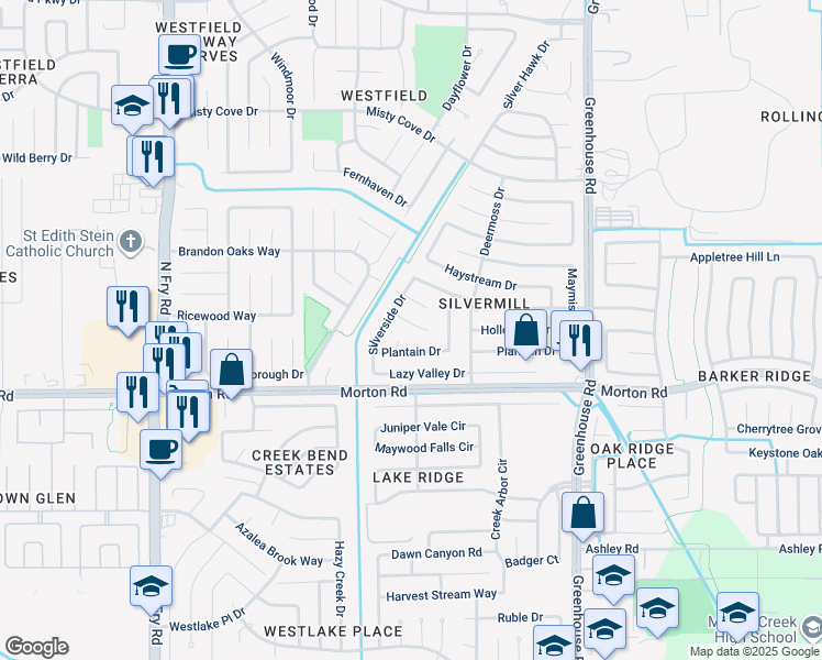 map of restaurants, bars, coffee shops, grocery stores, and more near 19527 Hollowlog Drive in Katy