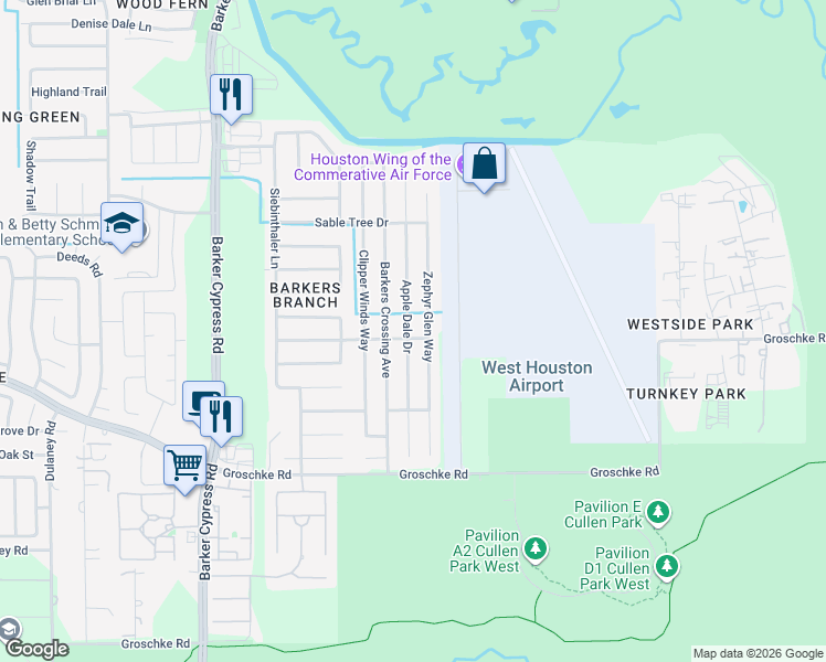 map of restaurants, bars, coffee shops, grocery stores, and more near 3330 Apple Dale Drive in Houston