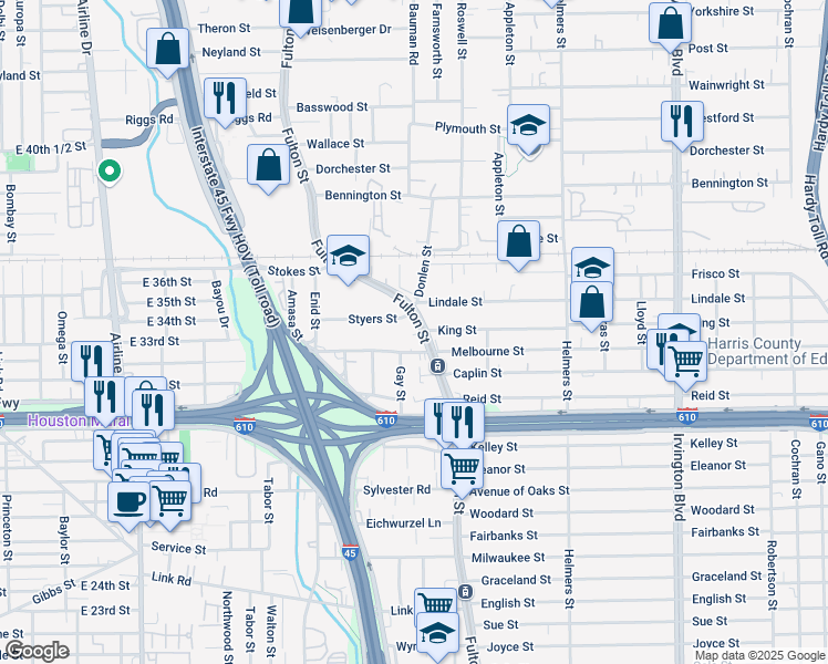 map of restaurants, bars, coffee shops, grocery stores, and more near 6505 Fulton Street in Houston