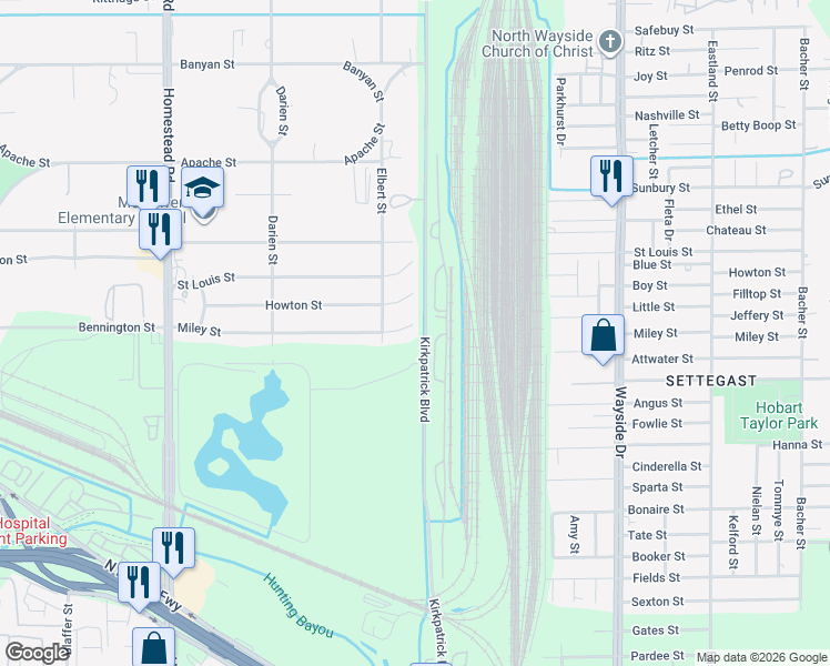 map of restaurants, bars, coffee shops, grocery stores, and more near 7526 Miley Street in Houston
