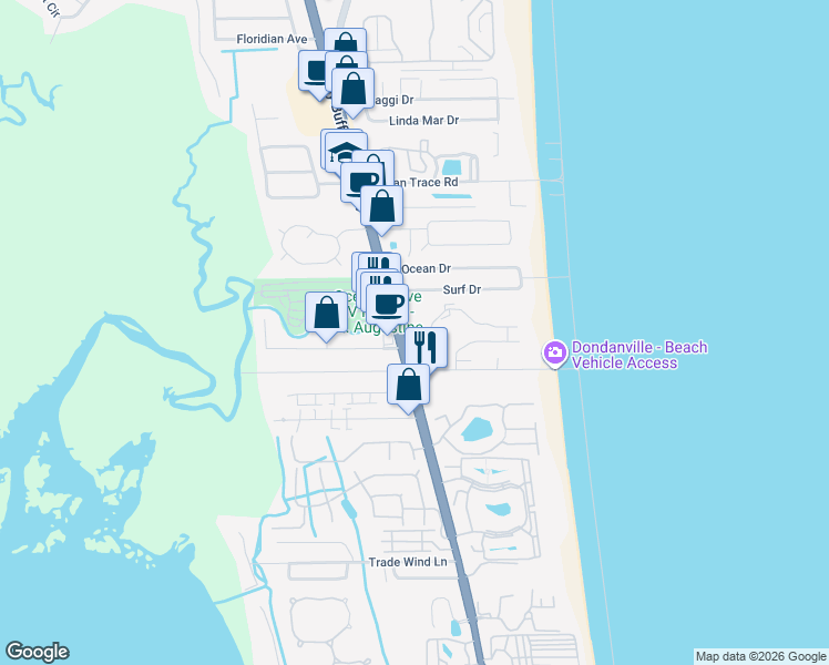 map of restaurants, bars, coffee shops, grocery stores, and more near 4250 A1A South in St. Augustine