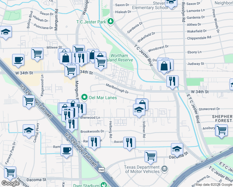 map of restaurants, bars, coffee shops, grocery stores, and more near 4218 Gardendale Drive in Houston