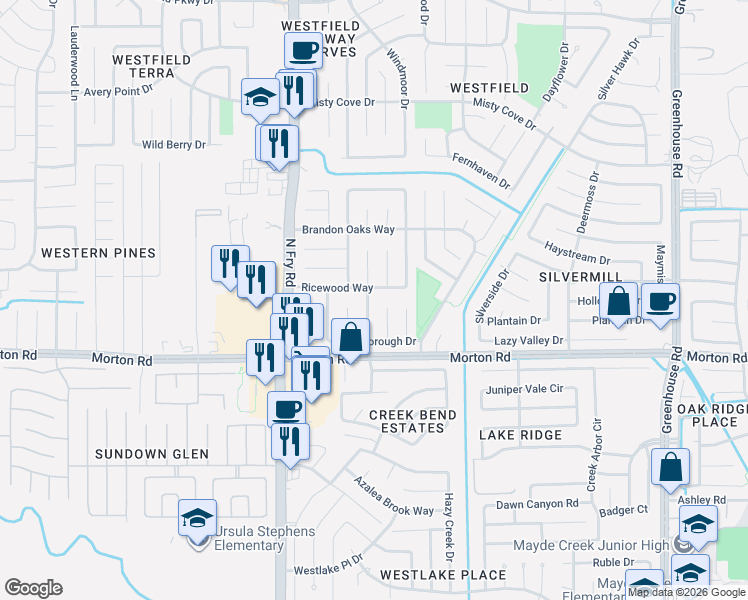 map of restaurants, bars, coffee shops, grocery stores, and more near 3134 Sedgeborough Drive in Katy