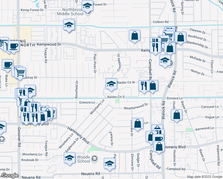 map of restaurants, bars, coffee shops, grocery stores, and more near 1 Raider Circle South in Houston