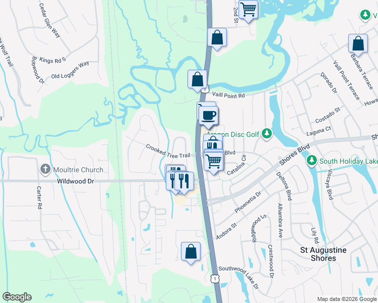 map of restaurants, bars, coffee shops, grocery stores, and more near 200 Raintree Trail in St. Augustine