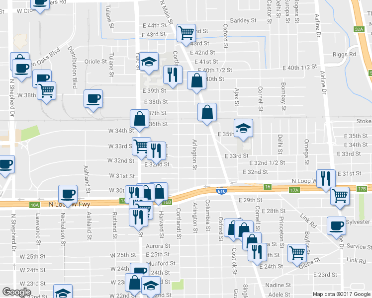 map of restaurants, bars, coffee shops, grocery stores, and more near 308 East 34th Street in Houston