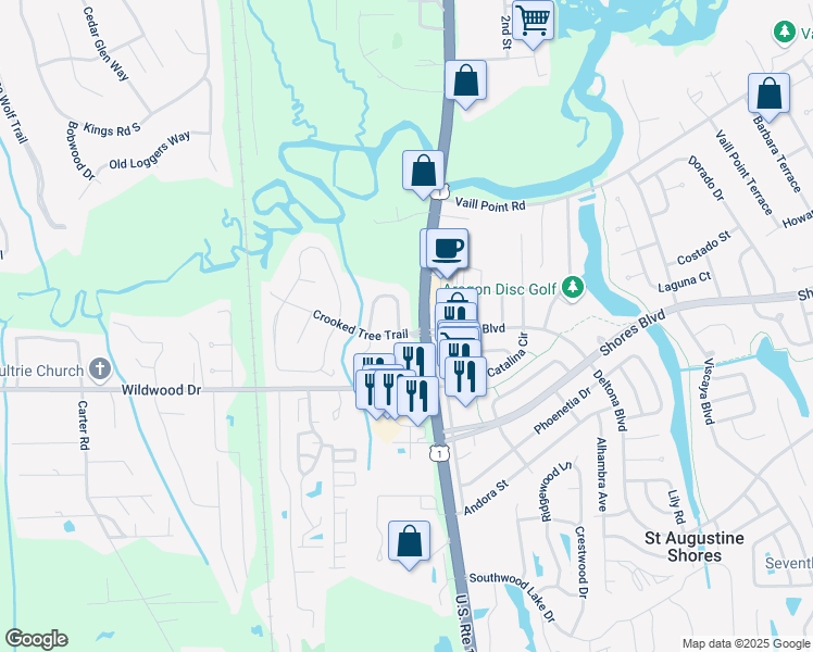 map of restaurants, bars, coffee shops, grocery stores, and more near 200 Raintree Trail in St. Augustine