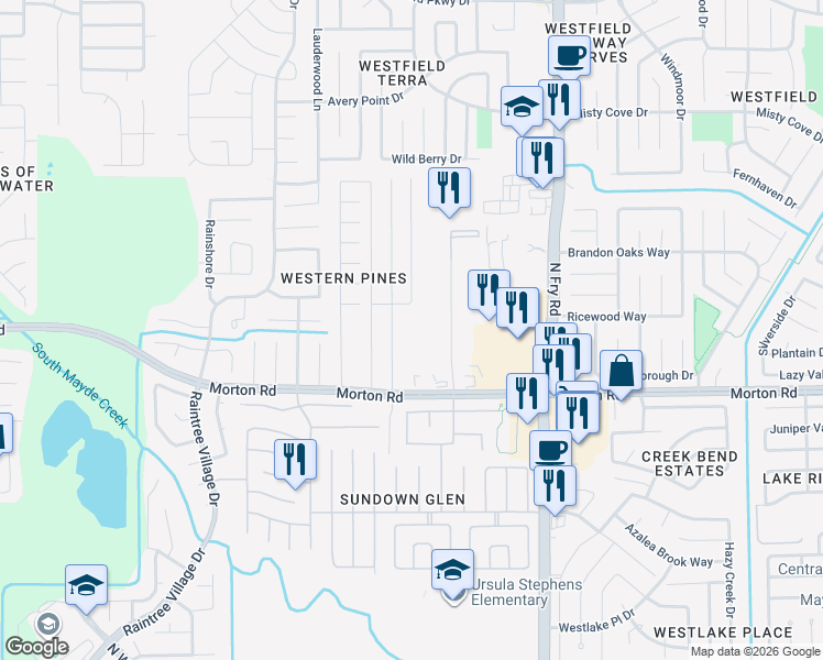 map of restaurants, bars, coffee shops, grocery stores, and more near 20330 Morton Road in Katy