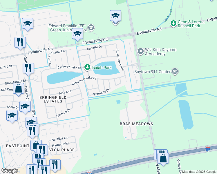 map of restaurants, bars, coffee shops, grocery stores, and more near 5811 Turmeric Drive in Baytown