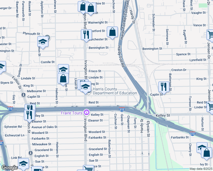 map of restaurants, bars, coffee shops, grocery stores, and more near 1002 King Street in Houston