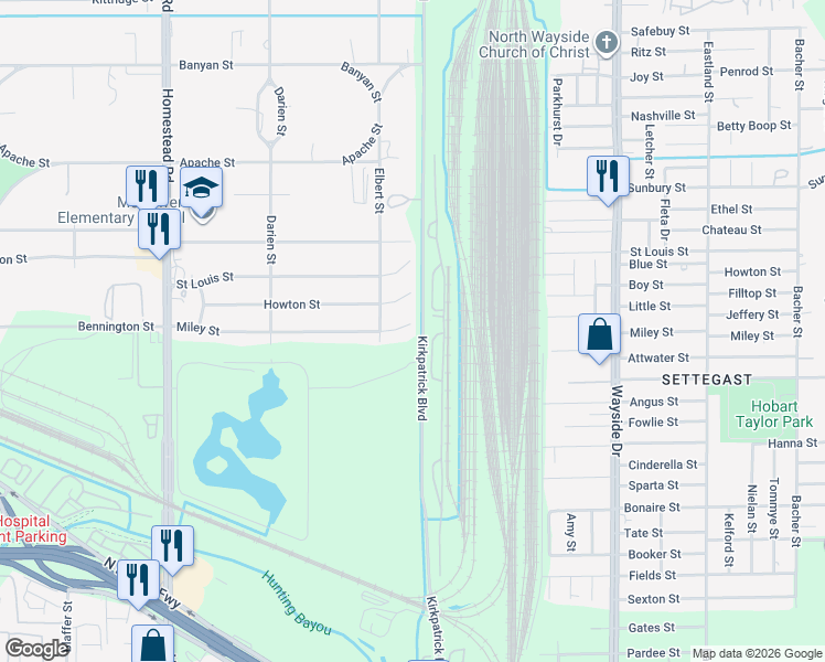 map of restaurants, bars, coffee shops, grocery stores, and more near 7526 Miley Street in Houston