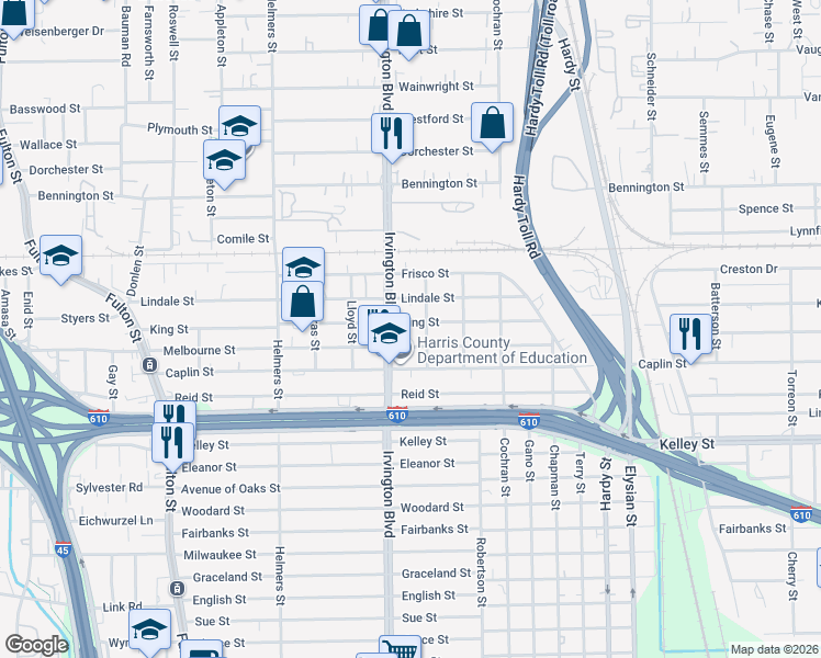map of restaurants, bars, coffee shops, grocery stores, and more near in Houston