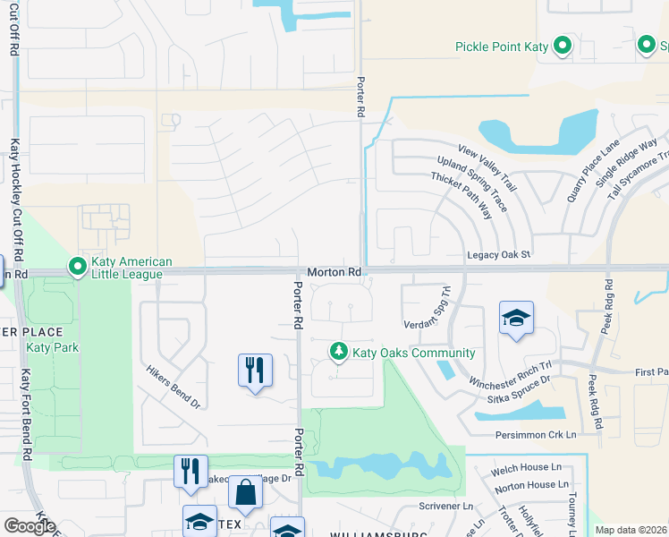 map of restaurants, bars, coffee shops, grocery stores, and more near 24110 Morrison Lane in Katy