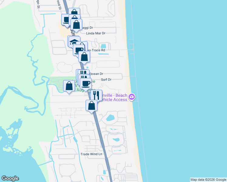 map of restaurants, bars, coffee shops, grocery stores, and more near 4250 Florida A1A in St. Augustine