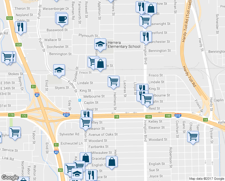 map of restaurants, bars, coffee shops, grocery stores, and more near 6417 Helmers St in Houston