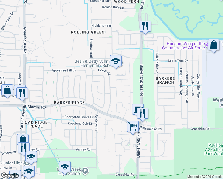 map of restaurants, bars, coffee shops, grocery stores, and more near 3330 Deeds Road in Houston