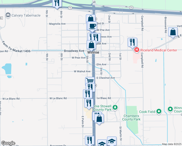 map of restaurants, bars, coffee shops, grocery stores, and more near 914 Texas 124 in Winnie
