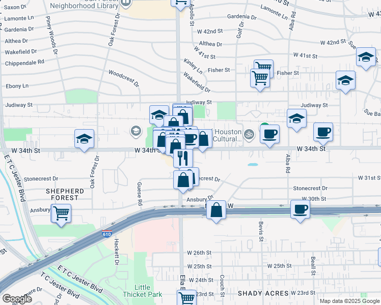 map of restaurants, bars, coffee shops, grocery stores, and more near 1717a West 34th Street in Houston