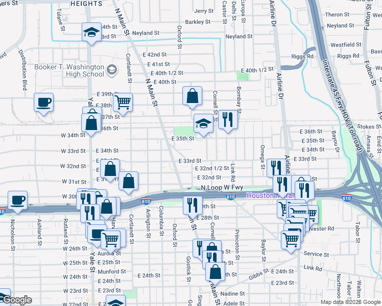 map of restaurants, bars, coffee shops, grocery stores, and more near 720 East 34th Street in Houston