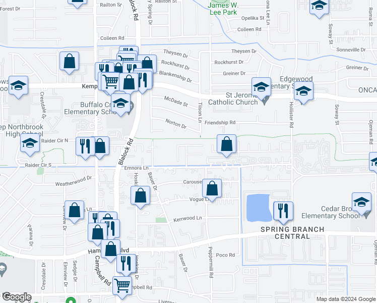 map of restaurants, bars, coffee shops, grocery stores, and more near 9242 Clayberry Street in Houston