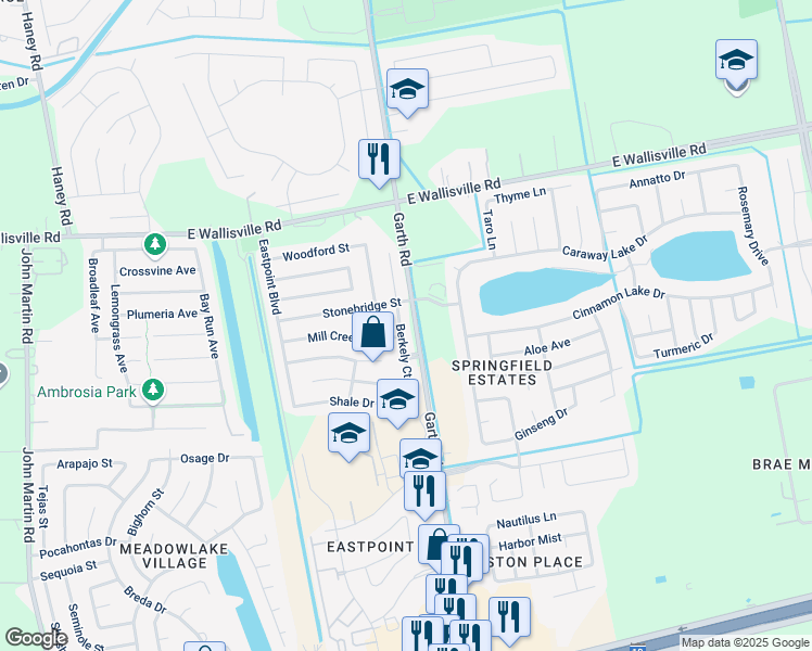 map of restaurants, bars, coffee shops, grocery stores, and more near 8110 Berkely Court in Baytown