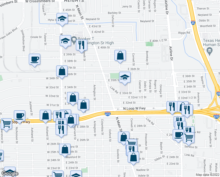 map of restaurants, bars, coffee shops, grocery stores, and more near 7316 North Main Street in Houston