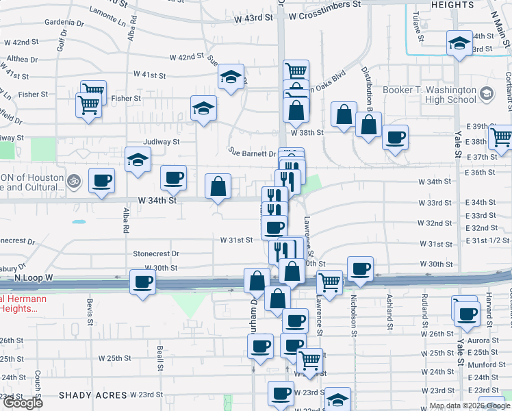 map of restaurants, bars, coffee shops, grocery stores, and more near 701 West 34th Street in Houston