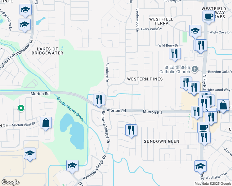 map of restaurants, bars, coffee shops, grocery stores, and more near 3210 Rainhill Court in Katy
